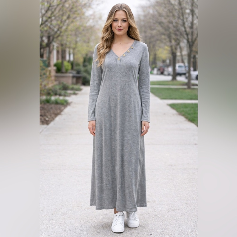 Boutique Gray Maxi Dress Size S Long Sleeve Casual Lounge Soft Minimalist Chic